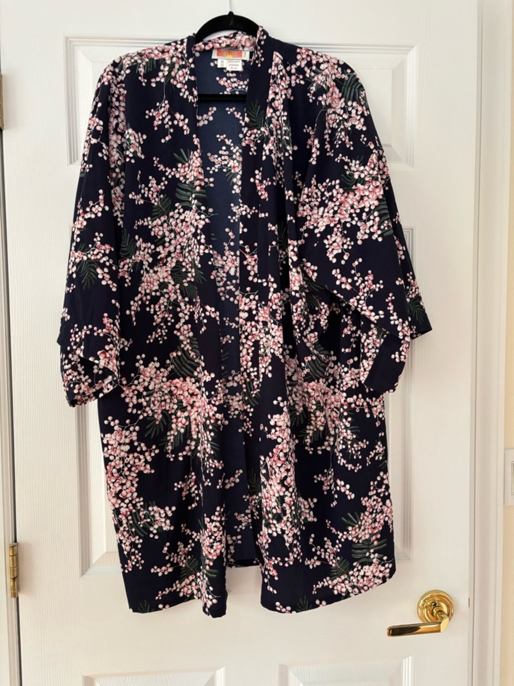 Navy Floral Kimono Cardigan with Pink Blossoms